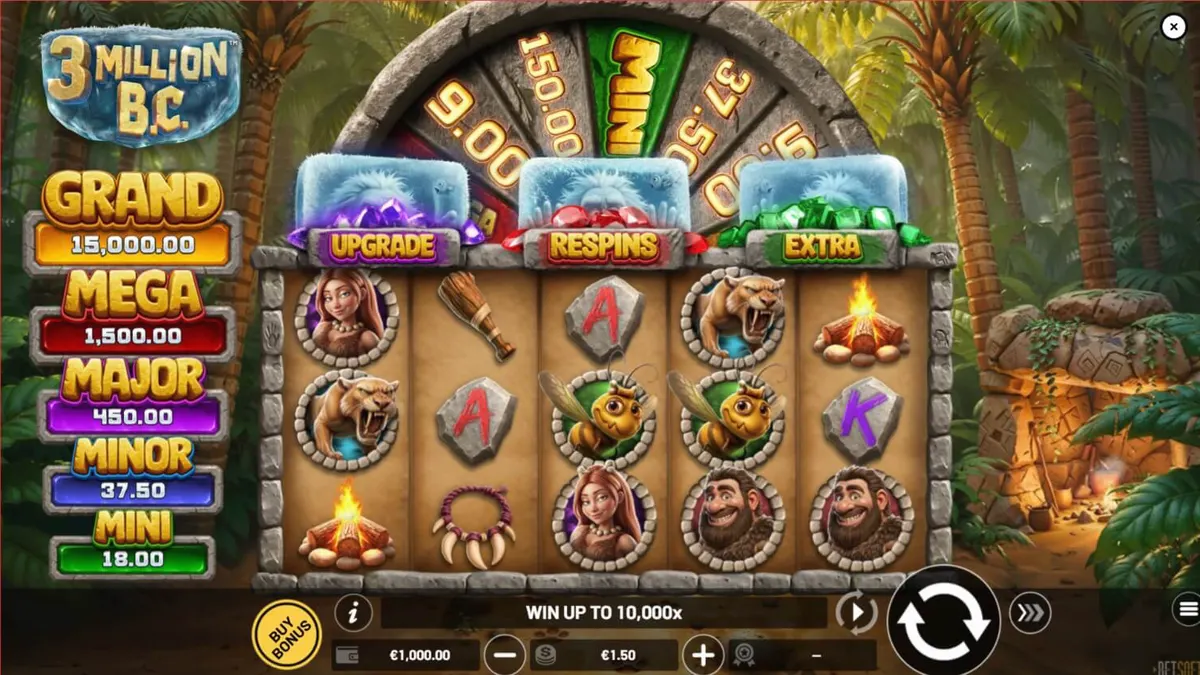 Interface do slot 3 Million B.C. com temática pré-histórica e roda de prêmios